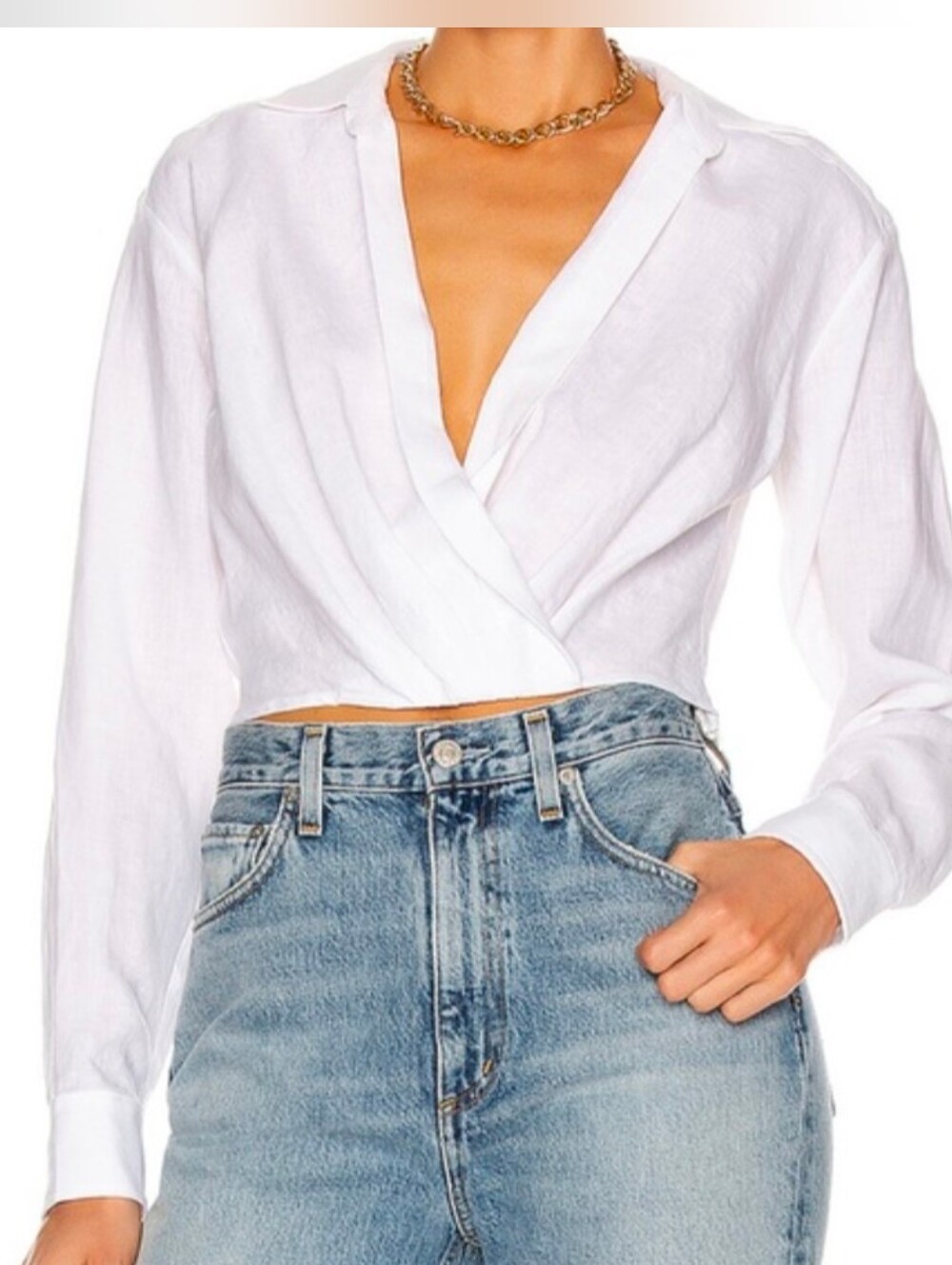 Marissa Webb Maxwell White Linen Faux Wrap Top